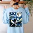 Boston Terrier Dog Art Van Gogh Starry Night Boston Terrier Women's Sweatshirt Back Print Light Blue