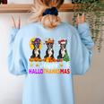 Boston Terrier Dog Halloween Christmas Hallothanksmas Men Women Kids Women's Sweatshirt Back Print Light Blue