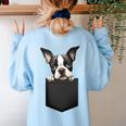 Boston Terrier Dog Puppy Dog In Pocket Cute Pet Lover Women's Sweatshirt Back Print Light Blue