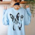 Boston Terrier Dog Raising Paw Idea Men Women Women's Sweatshirt Back Print Light Blue