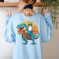Boston Terrier Dog Riding Dinosaur T Rex Boys Women's Sweatshirt Back Print Light Blue