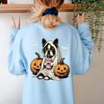 Boston Terrier Ghost Boo Halloween Costume Spooky Season Women's Sweatshirt Back Print Light Blue