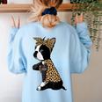 Boston Terrier Lover I Love Mom Tattoo Leopard Women's Sweatshirt Back Print Light Blue