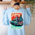 Boston Terrier Merry Christmas Tree Truck Santa Dog X-Mas Women's Sweatshirt Back Print Light Blue