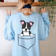 Boston Terrier In The Pocket Cute Pocket Boston Terrier Women's Sweatshirt Back Print Light Blue