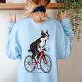 Boston Terrier Riding Bicycle Cute Bostie Biker Raglan Baseball Tee Women's Sweatshirt Back Print Light Blue