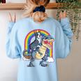 Boston Terrier Riding Dinosaur T-Rex Boys Kids Rainbow Women's Sweatshirt Back Print Light Blue