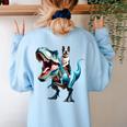 Boston Terrier Riding T-Rex Dinosaur Dog Lover Women's Sweatshirt Back Print Light Blue