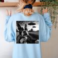 Boston Terrier Graphic Selfie With UFOs Weird Aliens Women's Sweatshirt Back Print Light Blue