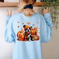 Boston Terrier Thanksgiving Leopard Pumpkins Fall Leaves Women's Sweatshirt Back Print Light Blue