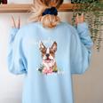 Brown Boston Terrier With Flowers And Feathers Women's Sweatshirt Back Print Light Blue