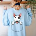 Bull Terrier Pocket Bull Terrier Peeking Out Pocket Women's Sweatshirt Back Print Light Blue