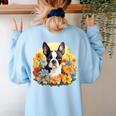 Cute Boston Terrier Spring Flower Garden Colorful Puppy Dog Women's Sweatshirt Back Print Light Blue