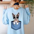 Cute Pocket Boston Terrier Lover Dog Mom Women's Sweatshirt Back Print Light Blue
