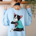Father's Day Gift Dog Dad Boston Terrier i Love Dad Tattoo Women's Sweatshirt Back Print Light Blue