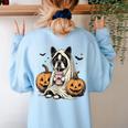 Halloween Boston Terrier Ghost Women's Sweatshirt Back Print Light Blue