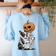 Halloween Skeleton Boston Terrier Women's Sweatshirt Back Print Light Blue