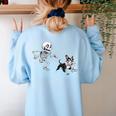 Skeleton Chasing Dog Boston Terrier Halloween Pet Lover Women's Sweatshirt Back Print Light Blue