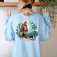 Whimsical Forest Adventures Sasquatch Bigfoot Walking Boston Terrier Dog Lovers Women's Sweatshirt Back Print Light Blue
