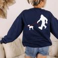 Bigfoot Walking With Bull Terrier Dog Women's Sweatshirt Back Print Navy