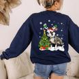 Boston Terrier Christmas Tree Lights Santa Hat Women's Sweatshirt Back Print Navy