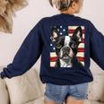 Boston Terrier Dog American Flag 4th Of July Patriotic Puppy Women's Sweatshirt Back Print Navy