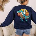 Boston Terrier Dog Riding Dinosaur T Rex Boys Women's Sweatshirt Back Print Navy