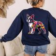 Boston Terrier Floral Dog Lover Vintage Distressed For Men Women Kids Women's Sweatshirt Back Print Navy