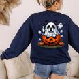 Boston Terrier Ghost Boo Halloween Kids Women's Sweatshirt Back Print Navy