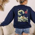 Boston Terrier Japanese Kanagawa Wave Surf Dog Women's Sweatshirt Back Print Navy