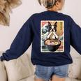 Boston Terrier Ramen Noodles Japanese Art Retro Ocean Waves Women's Sweatshirt Back Print Navy