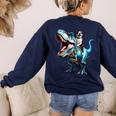 Boston Terrier Riding T-Rex Dinosaur Dog Lover Women's Sweatshirt Back Print Navy