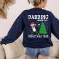 Boston Terrier Santa Hat Dabbing Around The Christmas Tree Women's Sweatshirt Back Print Navy