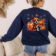 Boston Terrier Thanksgiving Leopard Pumpkins Fall Leaves Women's Sweatshirt Back Print Navy