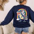 Boston Terrier Unicorn Riding Dinosaur T-Rex Girls Rainbow Women's Sweatshirt Back Print Navy