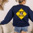 Caution Sign Boston Terrier Dog Bostie Puppy Women's Sweatshirt Back Print Navy
