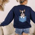 Cute Pocket Boston Terrier Lover Dog Mom Women's Sweatshirt Back Print Navy