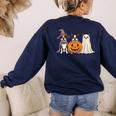 Spooky Ghost Boston Terrier Pumpkin Halloween Dog Lover Women's Sweatshirt Back Print Navy