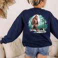 Whimsical Forest Adventures Sasquatch Bigfoot Walking Boston Terrier Dog Lovers Women's Sweatshirt Back Print Navy