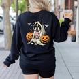 Boston Terrier Ghost Boo Halloween Costume Spooky Season Women's Sweatshirt Back Print Black