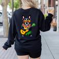 Hawaiian Boston Terrier & Pineapple Ukulele Summer Vacation Women's Sweatshirt Back Print Black