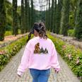 Boston Terrier Bigfoot Dog Walking Dog Mom Dad Kids Women's Sweatshirt Back Print Light Pink