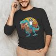 Boston Terrier Dog Riding Dinosaur T Rex Boys Unisex Long Sleeve T-Shirt, funny gift