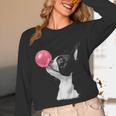 Boston Terrier Dog Blowing Chewing Bubble Gum Pink Unisex Long Sleeve T-Shirt, funny design