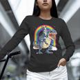 Boston Terrier Riding Dinosaur T-Rex Boys Kids Rainbow Unisex Long Sleeve T-Shirt, novelty gifts, funny gifts