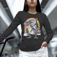 Boston Terrier Unicorn Riding Dinosaur T-Rex Girls Rainbow Unisex Long Sleeve T-Shirt, novelty gifts, funny gifts