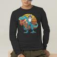 Boston Terrier Dog Riding Dinosaur T Rex Boys Men's Long Sleeve T-Shirt, funny gift