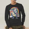 Boston Terrier Unicorn Riding Dinosaur T-Rex Girls Rainbow Men's Long Sleeve T-Shirt, funny gift
