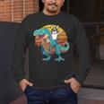 Boston Terrier Dog Riding Dinosaur T Rex Boys Men's Long Sleeve T-Shirt, funny design
