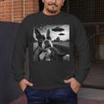 Boston Terrier Graphic Selfie With UFOs Weird Aliens Men's Long Sleeve T-Shirt, funny design